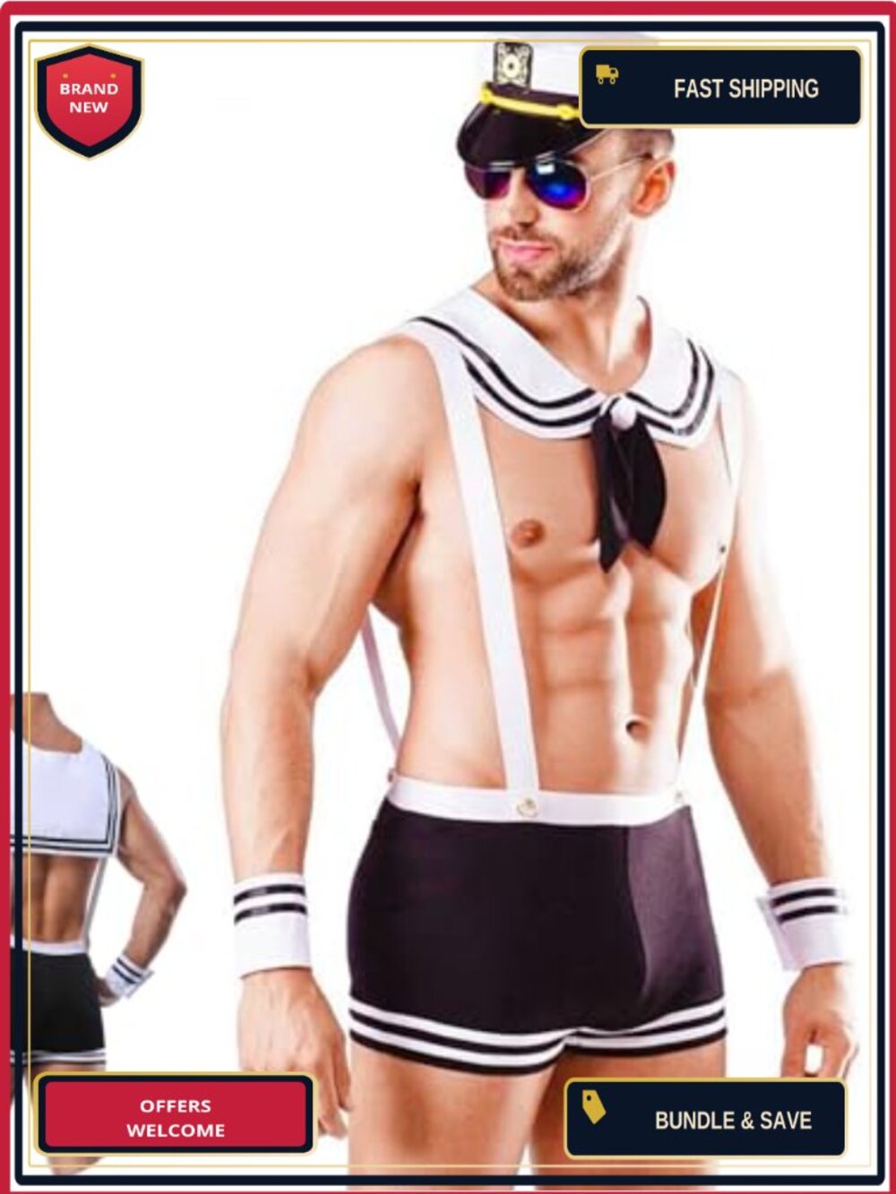 Men's Sailor Cosplay Costume Set Tie Hat Wrist Strap Shorts One Size